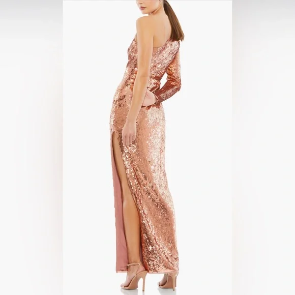 open lace back dress Mac Duggal Embellished Floral One Shoulder Gown